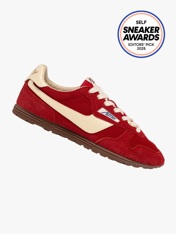Autry Windspin sneaker in crimson and cream color way. The SELF Sneaker Awards seal is in the top right corner.