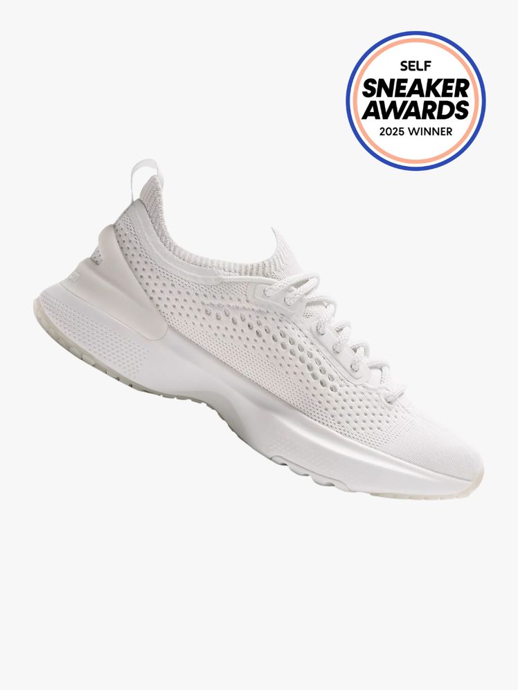 Lululemon Chargefeel 3 sneaker in allwhite colorway. The SELF Sneaker Awards seal is in the top right corner.