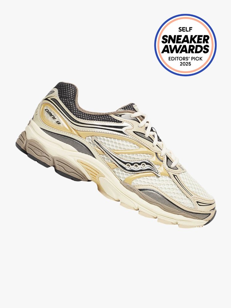 Saucony Progrid Omni 9 sneaker in cream and gold. The SELF Sneaker Awards seal is in the top right corner.